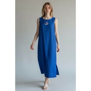 Linen Dress Nautical VTG Sailor Medium Large Midi Sleeveless Beach Sailboat Blue